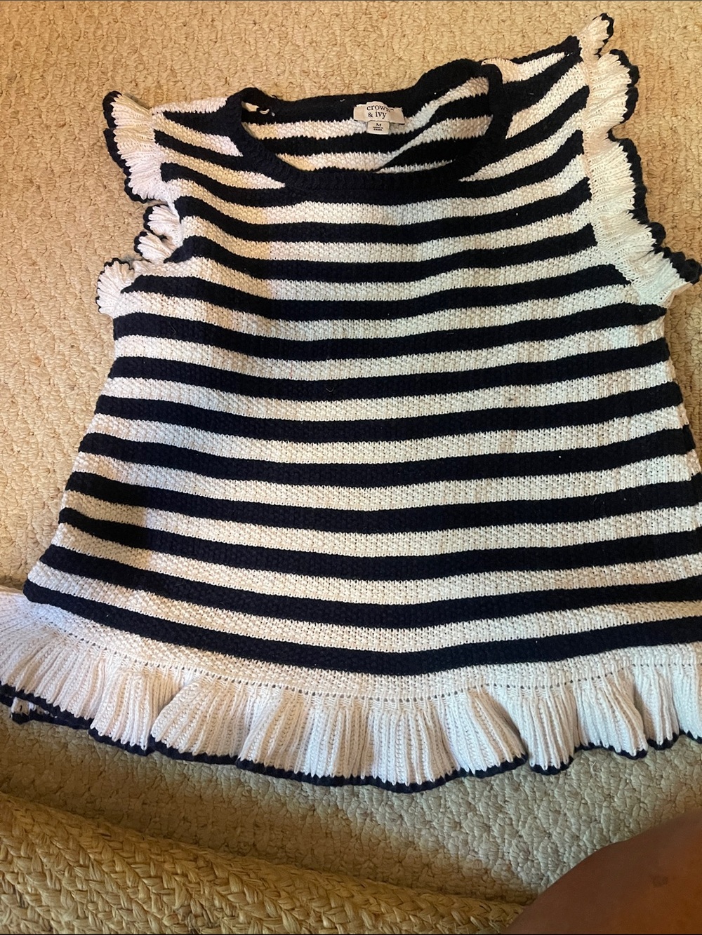 crown & ivy Black and White Striped Ruffle Knit Tank